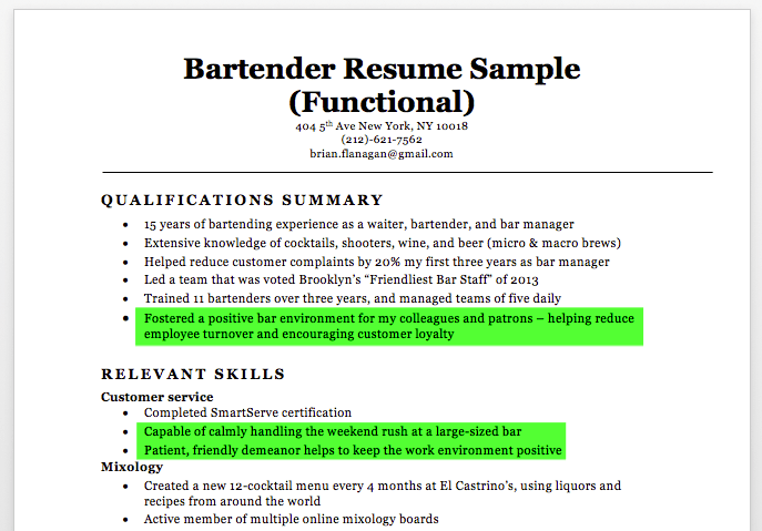 bartender resume skills examples